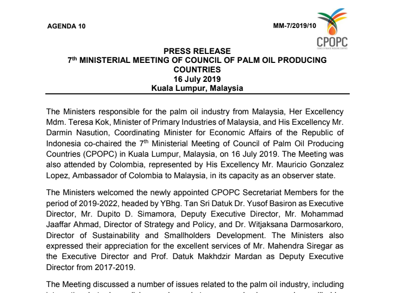 PRESS RELEASE: 7th MINISTERIAL MEETING OF COUNCIL OF PALM OIL PRODUCING COUNTRIES